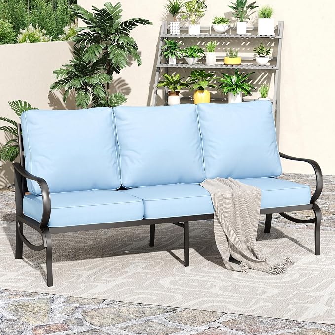 PHI VILLA Metal Patio Sofa with 5.75" Extra-Thick Waterproof Cushion, 3 Seater Deep Seat & High Back Outdoor Couch, All Weather Porch Furniture for Deck Backyard Front Porch Apartment,Blue