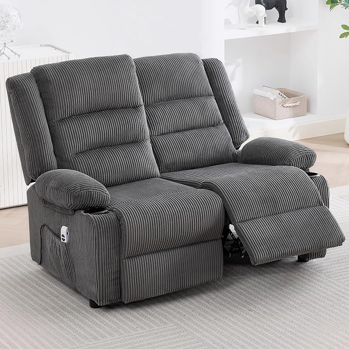 52Inch Reclining Loveseat Sofa,Power Loveseat Recliner,Electric Love seat Recliner Sofa for Bedroom,Living Room with Charging Ports,Striped Grey