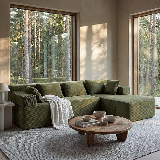 MONVANE 106" Cloud Sectional Couch with L-Shaped Chaise, Modular Sectional Sofa with Deep Seat and Removable Armrests, Comfy Corduroy Boneless Couches for Living Room, No Assembly Required, Green