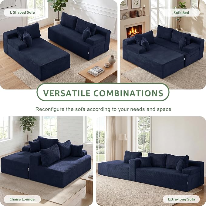 Hobestluk Modular Sectional Sofa Couches L-Shape Couch 3 Seat Modular Sofa Memory Foam Sectional Couches for Living Room, Cloud Couch with Oversized Chaise (Blue Corduroy, 108", Left Hand Facing)