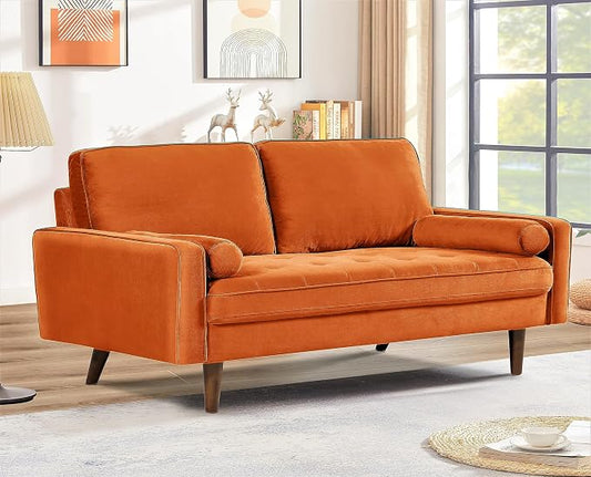 Container Furniture Direct Velvet Tufted Sofas for Living Room, Classic Mid-Century Style with Modern Silhouette, Button Tufting and Wood Legs, Includes 2 Bolster Pillows, Loveseat, Orange