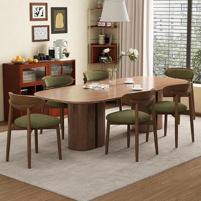 Wooden Dining Chairs Set of 6, Modern Fabric Upholstered Dining Room Chair, Kitchen Side Chairs, Farmhouse Dinner Chair with Curved Back for Kitchen, Green