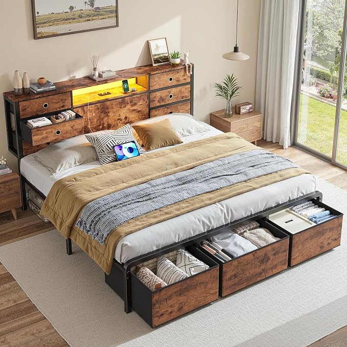 Homkdom King Size Bed Frame with 9 Fabric Drawers Storage, Charging Station & LED Lights, Metal Platform Bed Frame with Headboard,Noise-Free and Easy Assembly for Bedroom,Modern Brown