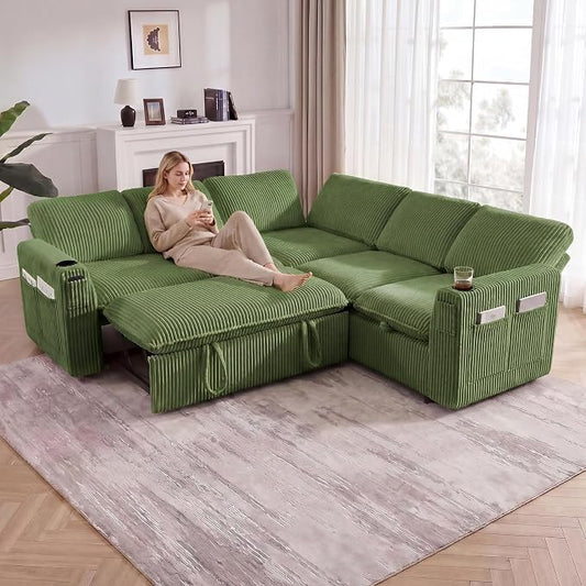 Sectional Sleeper Sofa with Pull Out Bed, Plush Corduroy 5 Seat Modular Sectional Sofa with Storage Chaise and Adjustable Backrest, Cloud Couches for Living Room, Apartment, Green