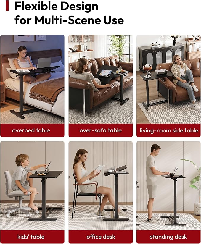 SANODESK Small Rolling Overbed Table Adjustable Height with Wheels, Mobile Laptop Desk with Tilting Desktop, Portable Computer Workstation for Home Office, Classroom, Bedside, Black