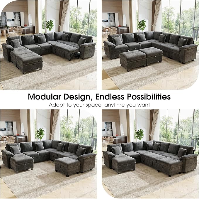107.8" Oversized Modular Sectional Sofa with Pull Out Bed, 9 Seat U Shaped Sectional Sleeper Sofa with 291L Storage, Convertible Cloud Couch Bed, Sectional Couches for Living Room, Apartment (Gray)