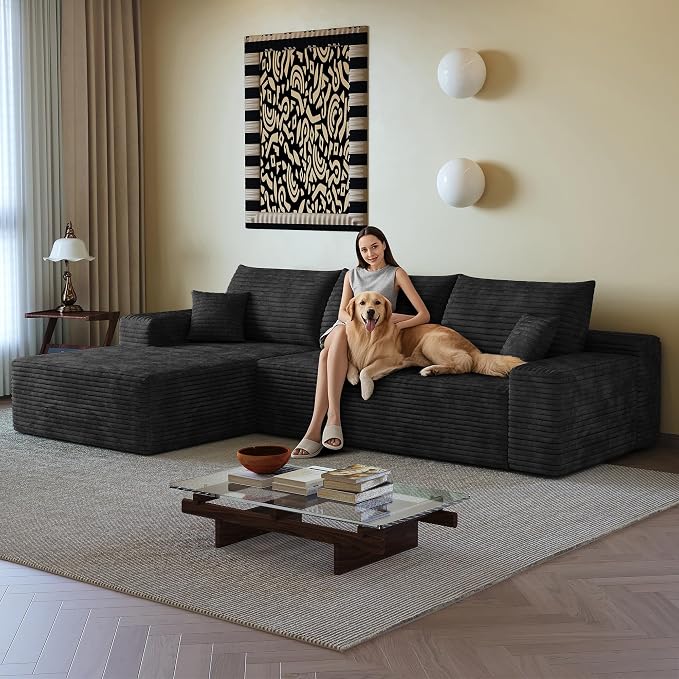 AUGOP 108" Sectional Couches for Living Room Modern Modular Sofa with L-Shape Couchs Upholstered Boneless Couch Deep Seat Sectional Couch with Chaise (Black, Left Facing Chaise+2Seaters)