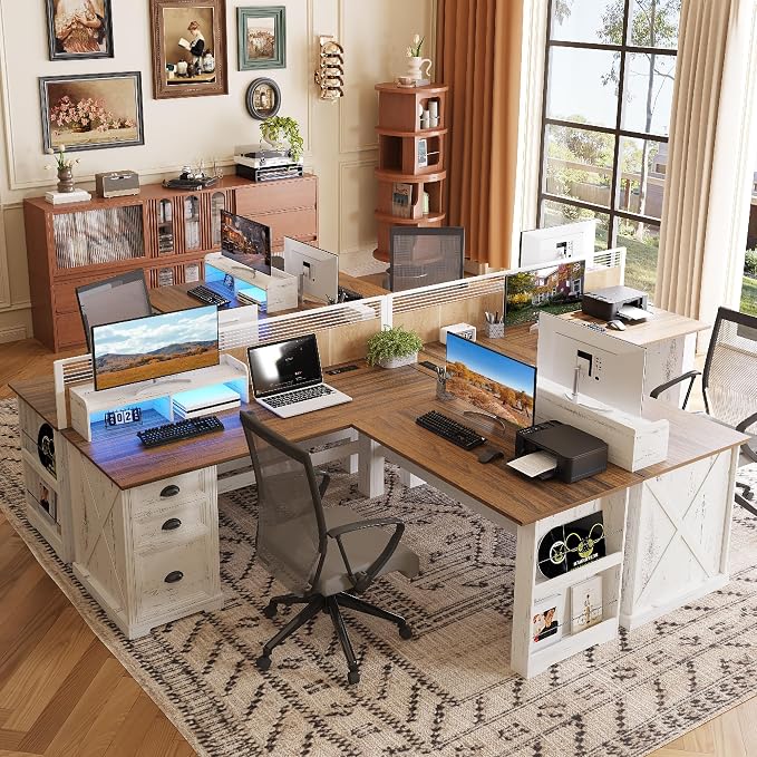 Lareth L Shaped Desk with Monitor Stand Farmhouse Computer Desk with Led Light and Power Outlet, Executive Desk for Home Office Room Workstation with File Cabinet for Working Gaming, Antique White