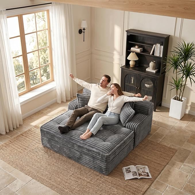 67'' Chaise Lounge Chair Indoor, Oversized Corduroy Upholstered Boneless Sofa Bed, Sleeper Couch Reading Chairs with 3 Pillows, Cloud Sofas Couches for Living Room, No Assembly Required (Grey)