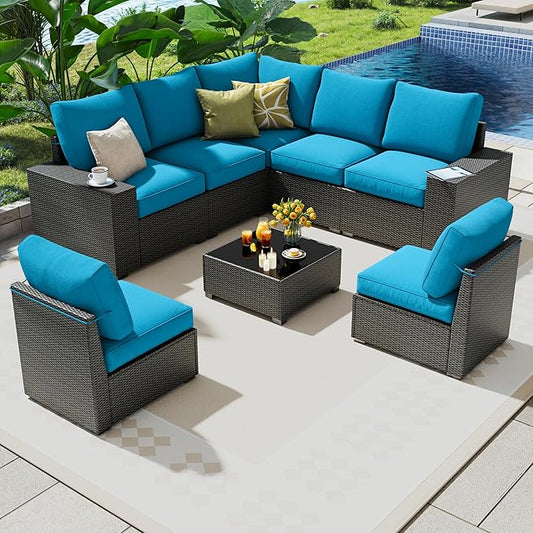 8 Piece Outdoor Patio Furniture Set, Outdoor Sectional Furniture, Rattan & Wicker Modern Modular Conversation Set Sofa Couch W/Water Resistant Washable Thick Cushions and Coffee Table, Peacockblue