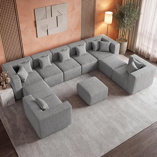 MONVANE Modular Sectional Sofa, Oversized 10 Seat Convertible U Shaped Couch with Ottoman, Comfy Chenille Deep Seat Cloud Couch, Sectional Couches for Living Room, No Assembly Required, Light Grey