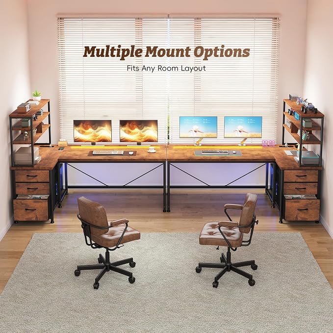 DurayLoly Office Desk with 3 Fabric Drawers & Shelf, Reversible L Shaped Desk Computer Desk with Remote LED Lights, Power Outlet and PC Stand for Home Office Desk, Corner Desk for Bedroom, Brown