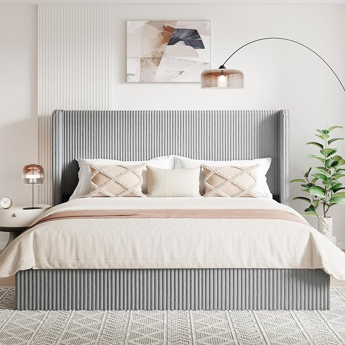 Allewie King Lift-Up Storage Bed Frame with Modern Wingback Headboard, Corduroy Upholstered Platform Bed, Hydraulic Gas Lift Support, Underbed Storage, Wooden Slats, No Box Spring Needed, Grey