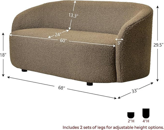 KINWELL 68" Boucle Upholstered Loveseat Sofa with Set of 2 Swivel Barrel Accent Chairs, Minimalist Comfy 2-Seater Couch and 2 Sherpa Armchairs for Small Spaces Apartment, Teddy Brown