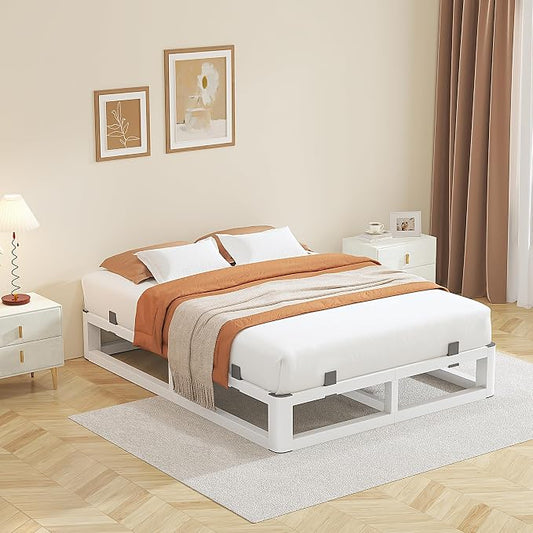 10 Inch Queen Bed Frame with Rounded Corner and Squeak Free U-Slot Design, Metal Platform Bed Frames 6 Non-Slip Guards, 3500lbs Heavy Duty Steel Slat Support, No Box Spring Needed, White
