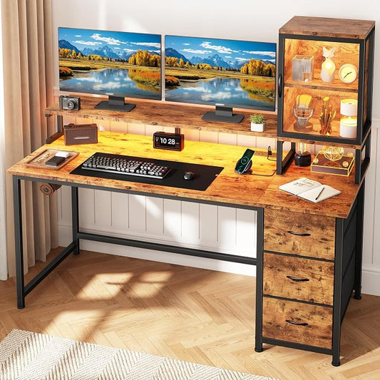 DurayLoly Computer Desk, 47" Desk with Cabinet to Display & RGB Light, Home Office Desks with 3 Drawers for Small Space, 2 AC Power Outlets and 2 Ports, Monitor Stand for Student Bedroom, Brown