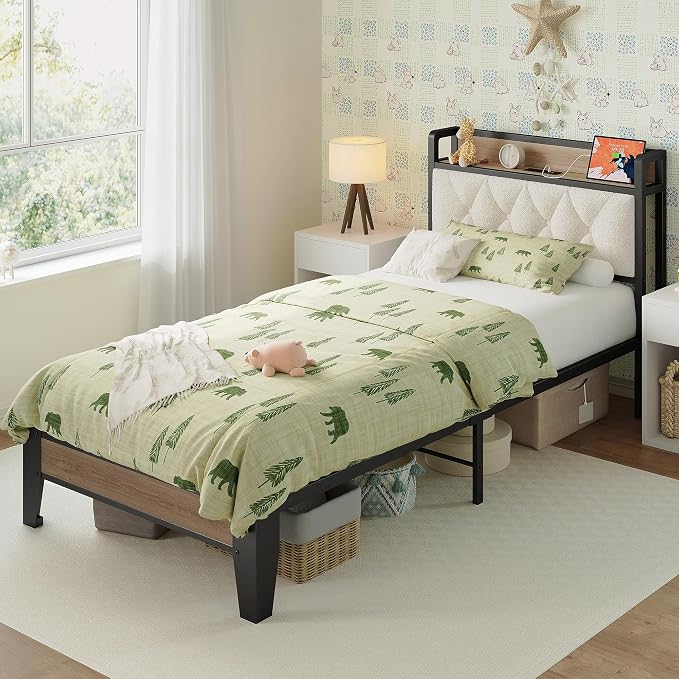 ANCTOR Twin XL Bed Frame, Storage Headboard with Charging Station, Platform Bed Frame with Strong Metal Support, Sturdy and Stable, Noise Free, No Box Spring Needed, Easy Assembly, Wood and Cream