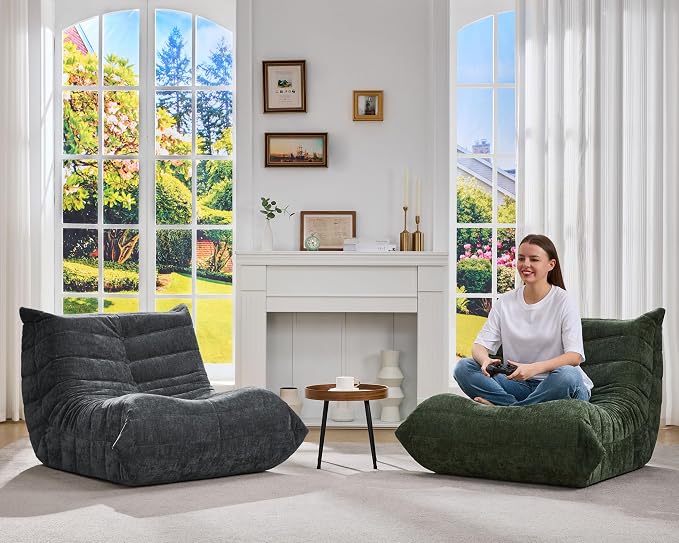 Hobestluk Adults Bean Bag Chair Faux Fur BeanBag Couch for Living Room | Green Chenille,Ergonomic Design,Memory Foam,UltraSoft,Anti-slip Bottom,No Assembly Required,Decorative Style for Living Room