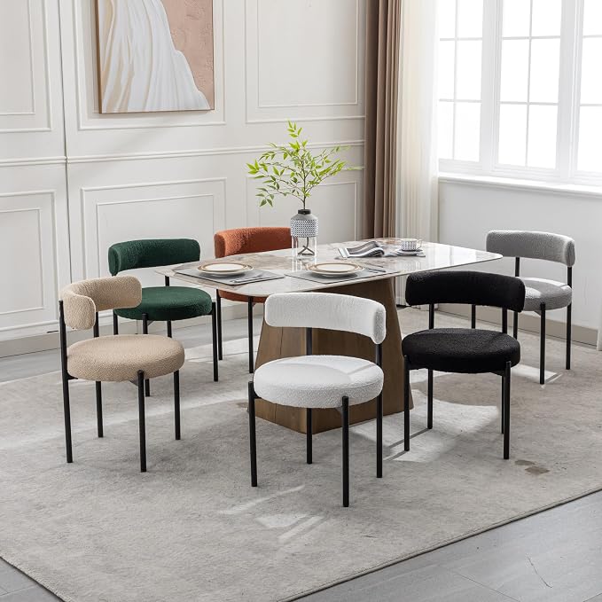 Boucle Dining Chairs Set of 6, Beige Dining Chairs with Upholstered Seat and Round Back, Mid-Century Modern Kitchen Chairs for Dining Room, Restaurant