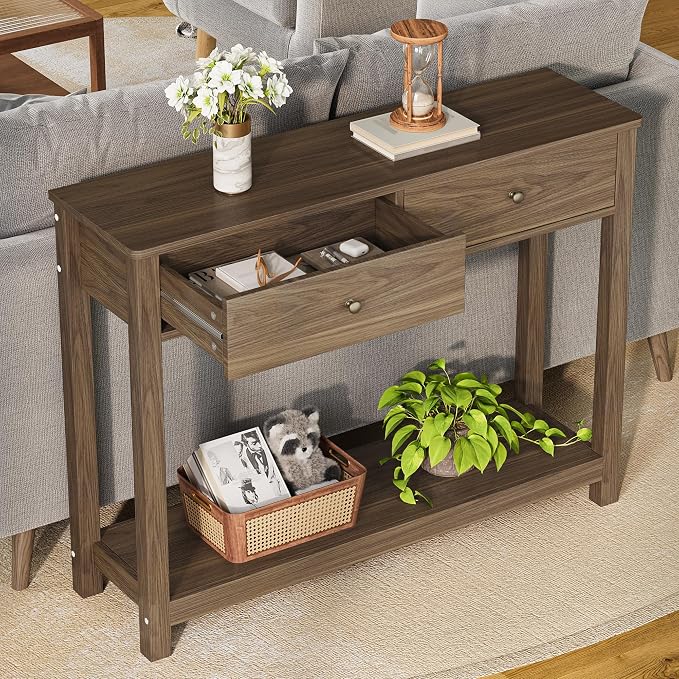 Gizoon Console Table with 2 Drawers, 2-Tier Wood Entryway Table with Storage Shelves, 39" W Wood Accent Sofa Table for Front Hall, Hallway, Living Room, Dark Brown