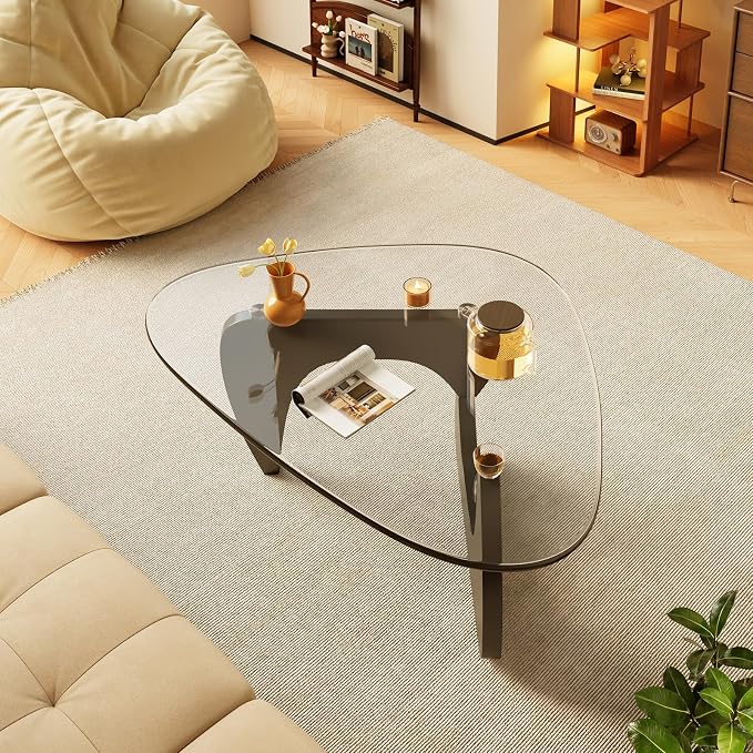 Coffee Tables Glass Small Farmhouse Coffee Table Mid-Century Modern Wood Center Table for Living Room, Black Transparent, 32 Inch