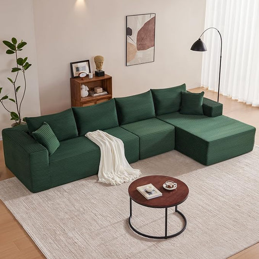 Mangodan 140” Cloud Sectional Couch, Boneless Sofa for Living Room, Modular Sectional Sofa with Deep Seat, Comfy Fluffy L-Shaped Couch with Right-Facing Chaise, No Assembly Required, Green