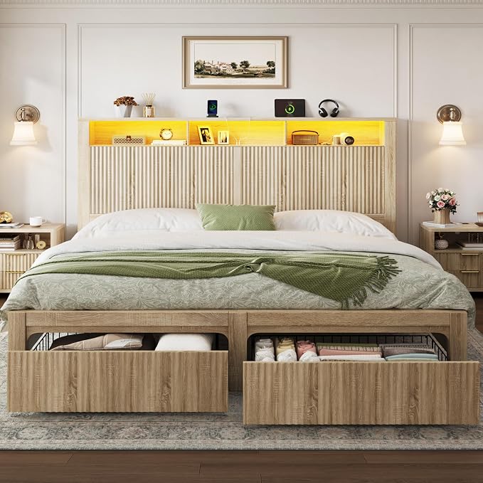 CypBed King Size Bed Frame with 2 Storage Drawers, Charging Port & LED Light, Wood King Bed Frame and 2-Tier Headboard,Farmhouse Wavy Design, Metal Platform, Noise-Free, No Box Spring Needed, Wood