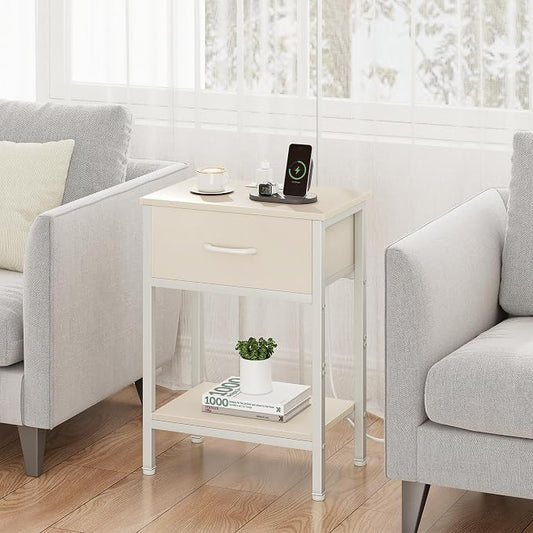 Vagusicc Nightstand with Charging Station, End Table with Fabric Drawer, Small Side Table with 2-Tier Storage Shelves, 25.4" Tall Night Stand, Bedside Table for Bedroom, Living Room, Dorm, Beige