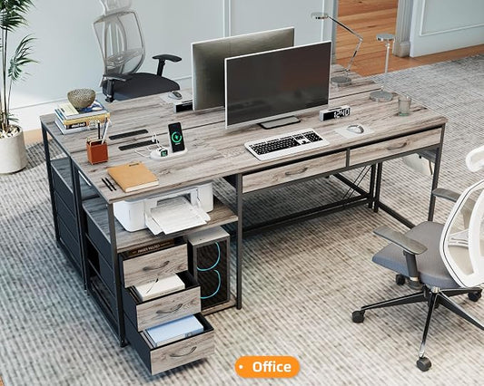 YOSHOOT 60" Computer Desk with 5 Fabric Drawers, Gaming Desk Table | Desk with Storage and Power Outlets, for Adults and Teenagers Working Writing Study, Grey