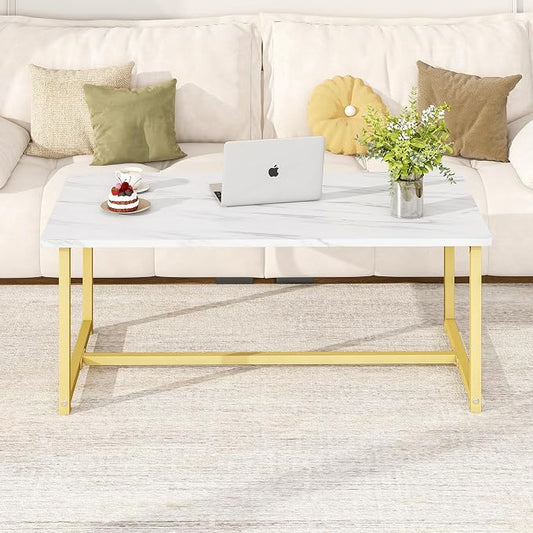 35.4" Rectangular Coffee Table, Modern Industrial Style Coffee Table Center Table with Metal Frame for Small Space Living Room, Apartment, Office, Easy Assembly, White