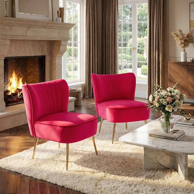 DUOMAY Modern Accent Chair Set of 2 Velvet Slipper Chair with Gold Legs Wingback Side Chair for Living Room Bedroom Entryway Small Corner Chair for Space Saving, Rose Red