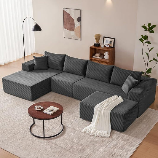 Mangodan 140” Cloud Sectional Couch, Modular Sectional Sofa with Deep Seat, Boneless Sofa for Living Room, Fluffy Comfy U-Shaped Couch with Left Facing Chaise, No Assembly Required, Grey