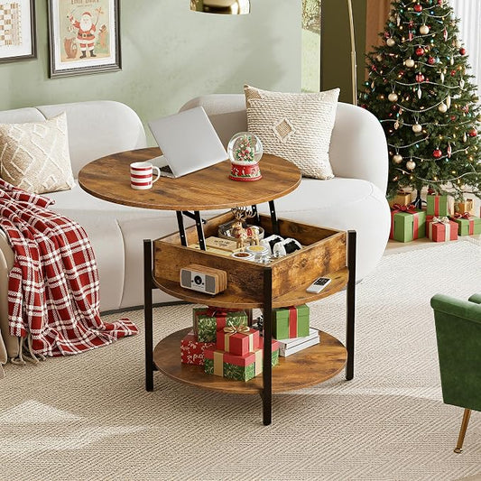WLIVE Round Lift Top Coffee Table with Storage Shelf and Hidden Compartment, Farmhouse Small Coffee Table with 2 Tier for Living Room and Home Office, Rustic Brown