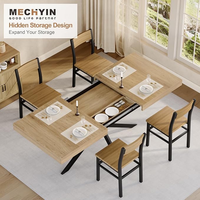5-Piece Dining Table Set for 4 6 8, Large 55"-70.9" Extendable Dining Room Table Rectangle with Kitchen Chairs of 4, MDF Wood & Metal Frame for Apartment Kitchen Saving Space, Rustic, Farmhouse, Oak
