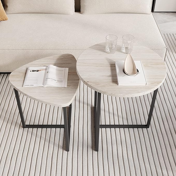 HOJINLINERO Round Coffee Table Set of 2 End Tables for Living Room,Black Small Coffee Table Living Room Table,Metal Frame & Wood Look,Sturdy and Easy Assembly,Stacking Side Tables Bedroom,White