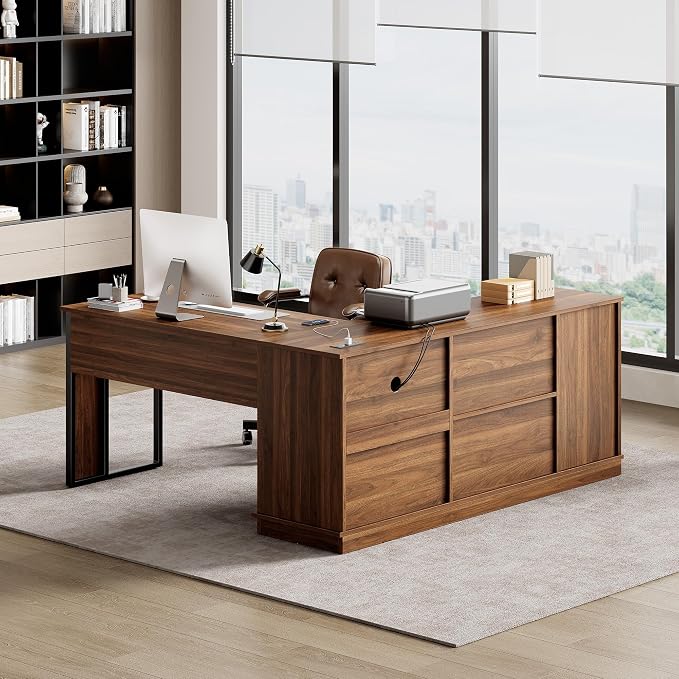 L Shaped Desk with Lift Top & Power Outlets, 63'' x 55'' Executive Computer Desk with 3 Fluted Drawers, Storage Shelves, CPU Stand, Industrial Standing Desk for Office (Schatt Walnut)