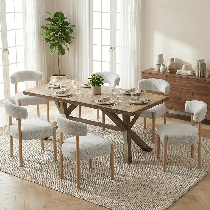 VKNOW Wooden Dining Chairs Set of 4, Modern Upholstered Dining Room Chairs with Rubberwood Legs and Curved Backrest, Fabric Kitchen Chairs for Farmhouse/Living Room/Dining Room, Heathered Off-White
