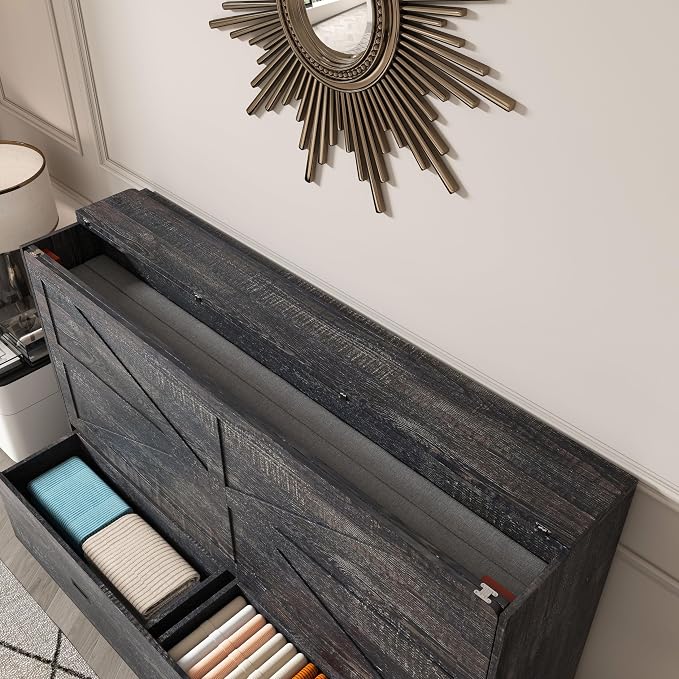 Bellemave Full Murphy Bed with Mattresses and Charging Stations and Storage Drawer, Farmhouse Murphy Cabinet Bed with Foldable Panel, Noisy Free, for Guest Bedroom, Living Room, Carbon Black