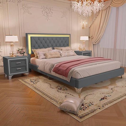 Flieks Bedroom Sets, 3-Pieces Bedroom Sets, Queen Size Upholstered Platform Bed with LED Lights and 2 Nightstands, Gray