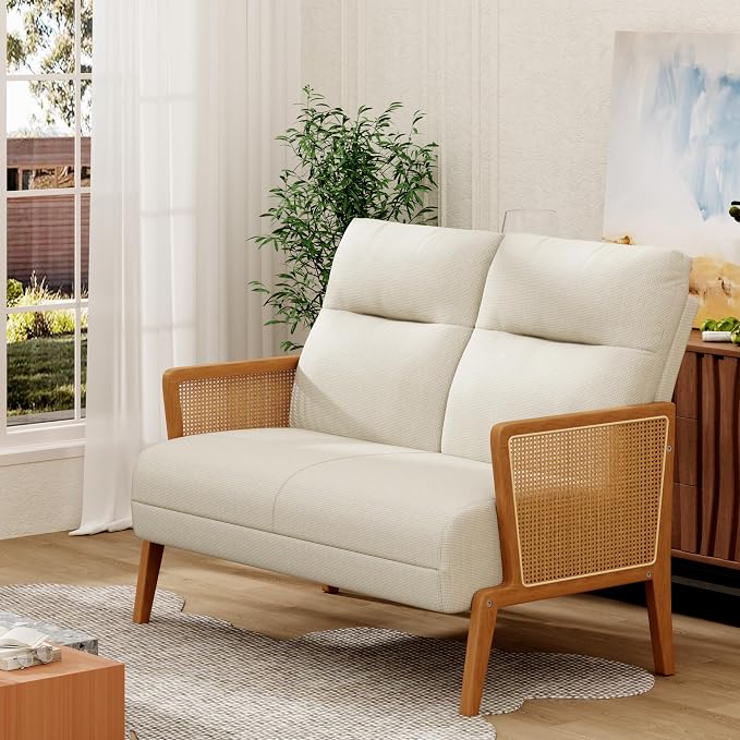 Love Seat Settee Mini Couch Upholstered Sofa with Natural Rattan Armrest Backrest Couch Bench Loveseat for Living Room Bedroom Beige