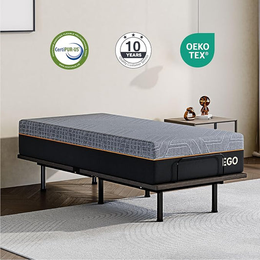 Dyonery Twin XL Adjustable Bed Base Frame with Wireless Remote + 12 Inch Twin XL Gel Memory Foam Mattress Bed in a Box, Head and Foot Incline, Zero Gravity, Fiberglass Free,80" × 38"