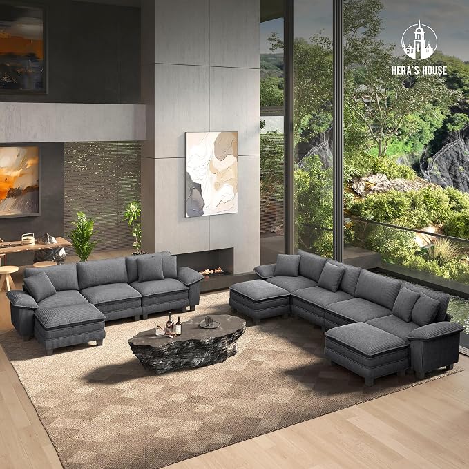 HERA'S HOUSE 158" Oversized Modular Sectional Sofa, Comfy U Shaped Couches for Living Room, Cloud Couch with Ottoman, 6-Seater Deep Seat Sofa with Throw Pillow, Corduroy Grey