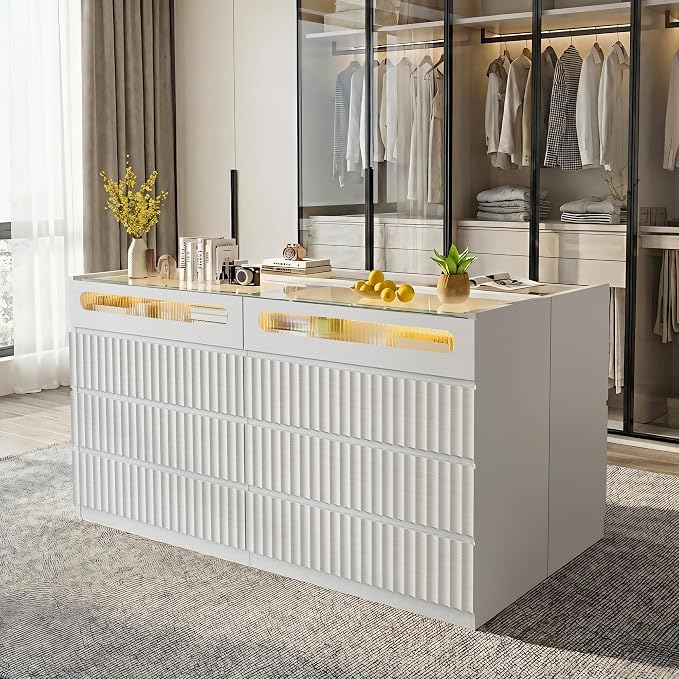 senlin Modern 16 Drawer Wardrobe Armoire with Glass Top LED Lights,Fluted Island Dresser Bedroom Closet Organizer System,Large Clothing Storage Cabinet with Jewelry Tray,Hidden Handles