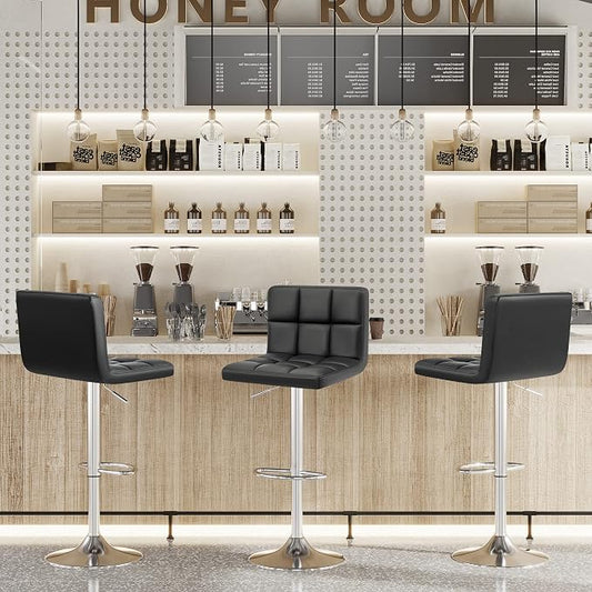 Furniwell Bar Stools Modern Pu Leather Swivel Adjustable Barstools Armless Counter Height Swivel Bar Stool Synthetic Leather Height Square Barstool with Set of 2(Black)