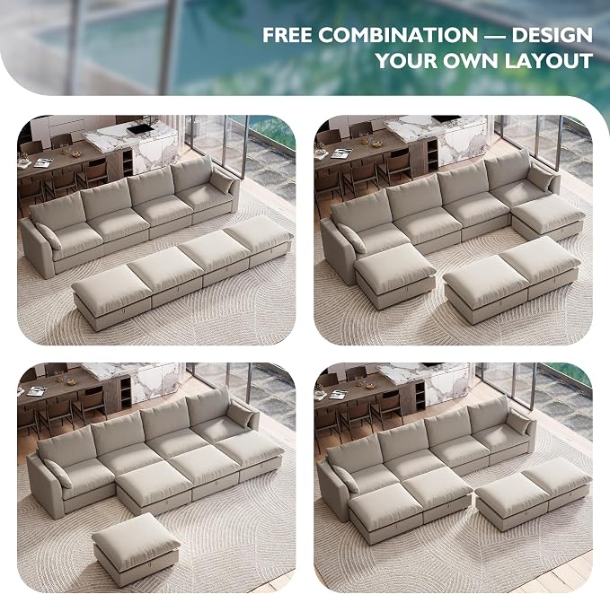 Ihanherry 152" Oversized Modular Sectional Sofa, Modern Cloud Couch with 4 Storage Ottoman, 8-Seat Comfy Chenille Deep Seat Sofa with 2 Pillows for Living Room, Khaki
