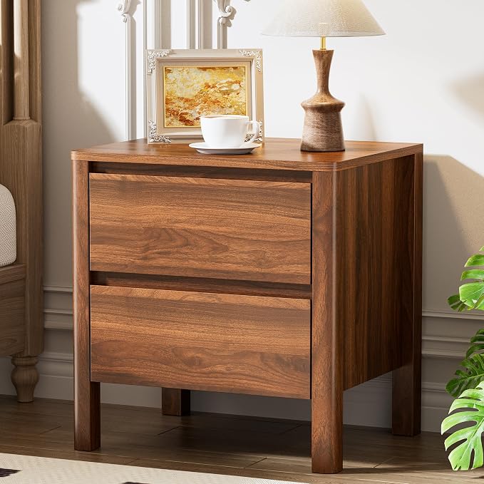 Furniway Walnut Nightstand Set of 2, Mid Century Modern Bedside Table with 2 Drawers, Hidden Handles and Solid Wood Legs for Bedroom