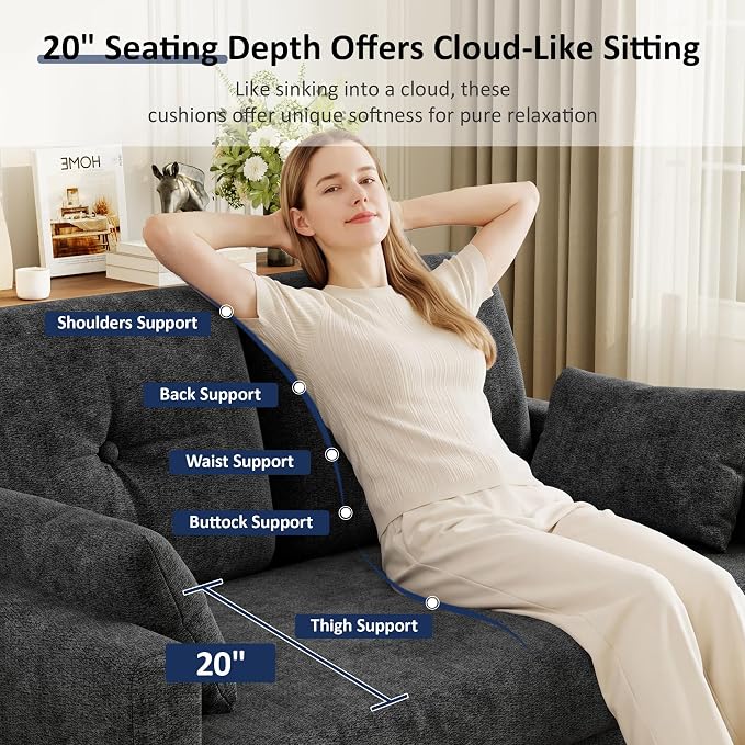 Vipbear 48" Loveseat Sofa,Modern Small Couches for Small Spaces,Black Chenille Love Seat Couch for Living Room,Bedroom,Apartment,Office,Deep Seat,Throw Pillow,Side Pockets,Square Armrest