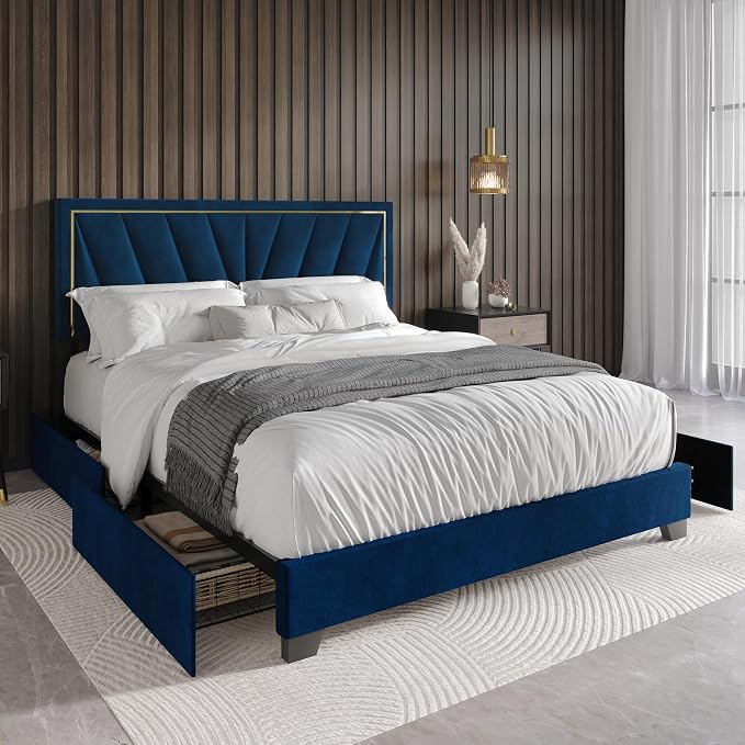 HOME DESIGN Valdez King Size Upholstered Storage Platform Bed Frame, Velvet Fabric, Channel Tufted Headboard, 4 Drawers, No Box Spring Needed, Blue