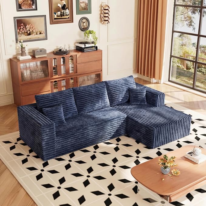 Modular Sectional Sofa, Boneless Compressed Sofa in a Box, L-Shaped Cloud Couch with Deep Seats & Chaise for Living Room, No Assembly Required (Blue, 92.5" L-Shape with Right Facing Chiase)