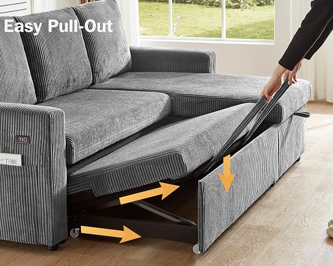 Vipbear 80" Sectional Sleeper Sofa Bed with Pull Out Bed, L Shaped Couch Pull Out Couch with Reclining Backrest, Reversible Storage Chaise, USB Ports, Tool-Free Assembly, Corduroy Dark Grey